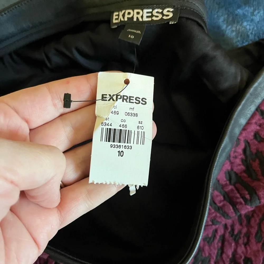 NWT Express Purple and Black Leopard‎ Pencil Midi Skirt Vegan Leather Trim